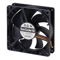 Sanyo Denki 9A0912L4021 Axial Axial Fan, 92x92x25mm, 12VDC, 28.3CFM, 23dBA, Ribless, Ball, Lead Wires,