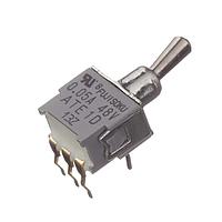 Nidec Components ATE1D-5M3-10-Z Subminiature Toggle Switch SPDT, ON-ON, 6mm toggle, 4mm smooth bushing, right angle PC terminals with .2" pitch, 50mA @ 60V AC/DC, washable