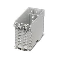 PHOENIX CONTACT 1159013 Housing, Lower Part DIN rail housing  Lower housing part with metal foot catch  with vents  width: 56.88 mm  height: 120.6 mm  depth: 82.85 mm  color: light gray (7035)  cross connection: DIN rail connector (optional)  number of positions cross connector: 8