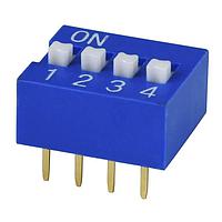 Same Sky (formerly CUI Devices) DS01C-254-L-04BE DIP Switches DIP Switch, SPST, 2.54 pitch, raised actuator, covex bottom, long pin, 4 position, Blue