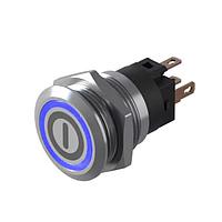 EAO 82-6151.1A24.B001 Anti-Vandal Illuminated pushbutton.momentary.22mm D-Shape.Stainless steel.Flush/flat.Illum symbol B001 On/Off blue.24V.Ag.Plug In