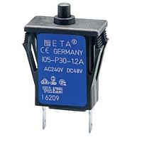 E-T-A Circuit Breakers 105-P10-0.4A Thermal Overcurrent Miniaturised single pole thermal circuit breaker with push-to-reset tease free, trip-free, snap action mechanism (R-type TO CBE to EN 60934) snap-in type. Manual release facility optional.  Approved to CBE standard EN 60934 (IEC 60934