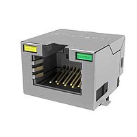 Amphenol Commercial Products RJE3C1886412 Modular 8P8C, RA, Cat6A, SMT, Sheild With No EMI Tabs, With LEDs