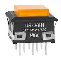 NKK Switches UB26KKW015F-FF/CUL Pushbutton Switches Low Profile Pushbutton DPDT, ON-ON, 5A 125VAC 30VDC, Square Green Actuator, Green LED 2.1VDC, Snap-In Mount, Solder, 16.2mm Square Panel Cutout, UL Rated