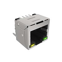 Amphenol Commercial Products RJE881881140 Low-Profile EMI-Quiet Modular Jack Connector Low Profile Vertical RJ45 THM w/ LED w/ Shield w/o EMI Tabs Au Flash Plating