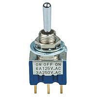 Nidec Components 8A1022C-Z High-Reliability Miniature Toggle Switch SPDT, ON-OFF-ON, 10.5mm toggle, 1/4"-40 threaded bushing, straight PC terminals, 25mA @ 20V DC/6A @ 125V AC