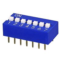 Same Sky (formerly CUI Devices) DS01-254-S-07BE DIP Switches DIP Switch, SPST, 2.54 pitch, raised actuator, flat bottom, Short pin, 7 position, Blue