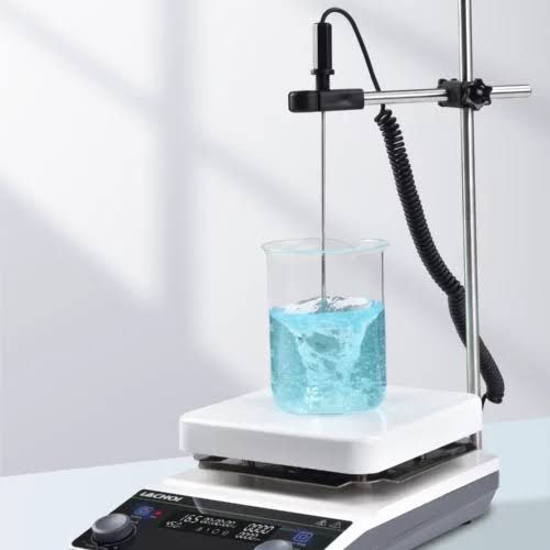 Digital control interface displaying speed and viscosity parameters on an EMIN magnetic stirrer