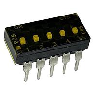 CTS Electronic Components 209-5MSFD DIP Switches THROUGH HOLE, GOLD DIP SWITCH, 5-POLE, MEDIUM ACTUATOR, BOTTOM SEAL, OFF, STRAIGHT TERMINAL FORM, TUBE PACK