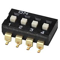 Same Sky (formerly CUI Devices) DS04-254-2-04BK-SMT-TR DIP Switches DIP Switch, SPST, 2.54 pitch, flat actuator, SMT, Tape and reel, 4 position, Black