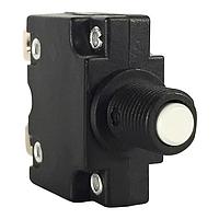 Carling Technologies CMB-153-27GNN-W-A Thermal 1-pole, Miniature Push-To-Reset Button, 125-250 VAC/ 32 VDC 15 amp circuit breaker,  interrupting capacity 0.250 Tab (Q.C.) terminals 3/8" 27 UNS Front Panel Plastic Bushing UL 1077 Recognized cUL UL 1500 Recognized