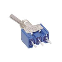 Nidec Components 8A1062-Z High-Reliability Miniature Toggle Switch SPDT, ON-(ON), 10.5mm toggle, 1/4"-40 threaded bushing, straight PC terminals, 6A @ 125V AC