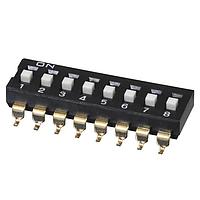 Same Sky (formerly CUI Devices) DS04-254-2-08BK-SMT-TR DIP Switches DIP Switch, SPST, 2.54 pitch, flat actuator, SMT, Tape and reel, 8 position, Black